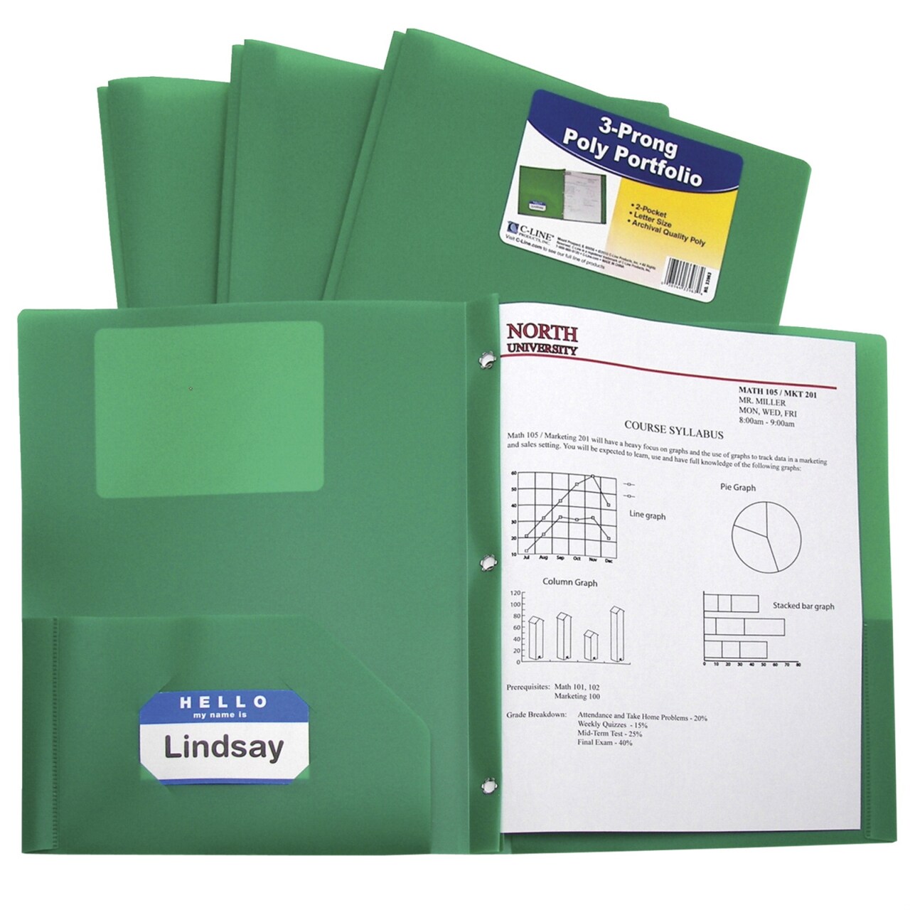 C-Line Poly Portfolio Folder with Prongs, 2-Pocket, Green, Pack of 25